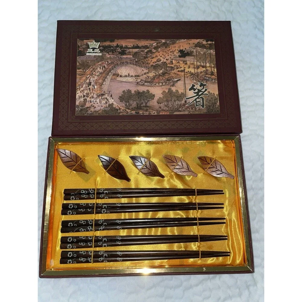 Zhengyuan Chinese 5-Pair Wood Chopsticks + Leaf Rests Gift Set Box